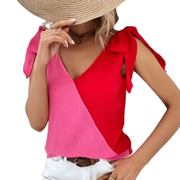 New! Red and Pink Shoulder Tie Top Sz XXL - Picture 2 of 6